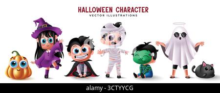 Cute Halloween Character Set, Witch, Vampire, Mummy, Ghost, Pumpkin, Cat, Kids Vector Illustration Stock Vector