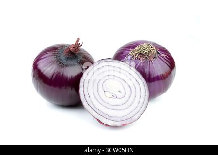 Fresh Red Onions with Sliced Half on White Background Stock Photo