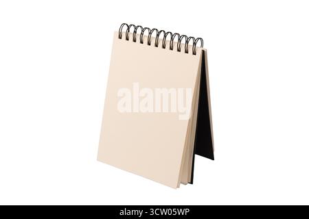 White empty spiral notebook mockup, copy space. Isolated on a white background. Top view. Stock Photo
