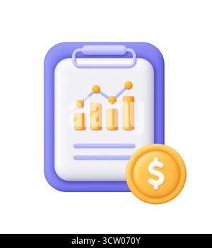 Clipboard with financial chart and gold dollar coin. Banking, accounting, financial report, investment, business analytics and economic growth concept Stock Vector