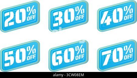 Set of blue isometric sale tags with percentage off numbers Stock Vector
