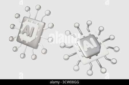 3D AI Icon Set: Essential collection of high-quality microchip illustrations for technology, software development, and future innovation projects. Stock Vector
