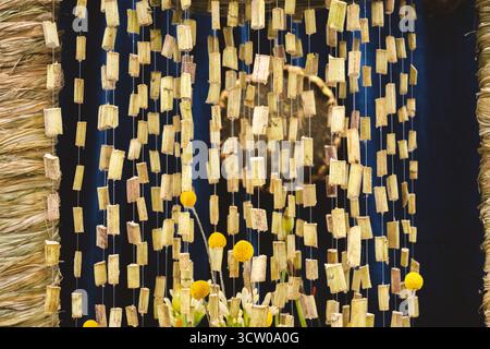 This captivating image showcases a unique, handcrafted curtain or decorative screen made from numerous small, rectangular pieces of dried natural plan Stock Photo