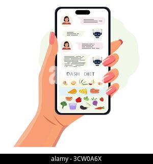Hand holding smartphone displaying DASH diet information and chatbot conversation vector Stock Vector