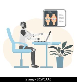 Robot analyzing medical data on laptop with AI healthcare concept background vector Stock Vector