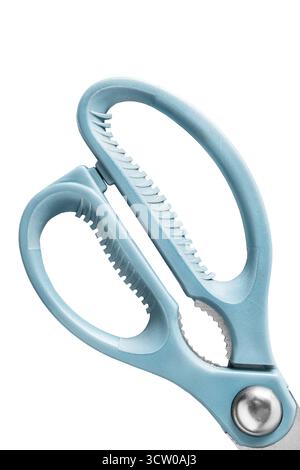 Kitchen shears light blue plastic rings closeup isoalted over white Stock Photo