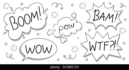 Comic speech bubbles with sound replicas on white background. Vector illustration set of boom, bam, pow burst effect, wow, wtf exclamations, arrows and clouds doodle pattern, onomatopoeia book theme Stock Vector