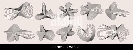 Black amorphous shapes with ripple line patterns for modern abstract geometric designs. Flowing forms with wavy stripes or parallel curves for contemporary art projects and digital backgrounds. Stock Vector