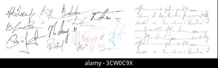 Handwritten fake signatures isolated on white background. Vector realistic illustration of abstract cursive doodle scripts on paper backdrop, illegible font, vintage letter, message written with ink Stock Vector
