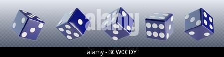 3d dice collection in blue with white dots shown from various angles on transparent background. Realistic cubes displaying different numbered faces for casino, gaming or probability illustrations. Stock Vector