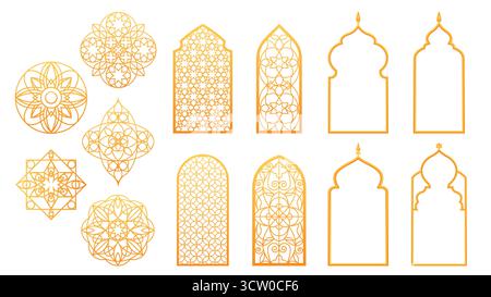 Golden Ramadan ornament set with arch windows and geometric patterns for Islamic decoration - circular mandalas with doorway frames. Traditional Arabic design elements for mosque or festival graphics. Stock Vector