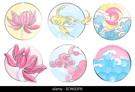 Circle designs with Japanese pattern elements - lotus flowers and koi fish, clouds and ocean waves. Pink blooms with traditional cumulus and water motifs. Asian decorative rounds for cultural prints. Stock Vector