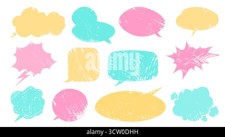 Colorful crayon speech bubble shapes with rough texture for communication and dialog design. Pink, yellow and turquoise chat balloons with distressed edges. Hand drawn message boxes and thought clouds Stock Vector