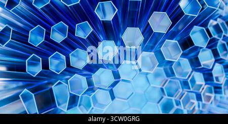 Abstract science fiction background with honeycomb pattern and glowing light lines, 3d rendering of futuristic nanotechnology or server grid for busin Stock Photo