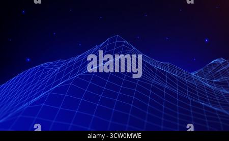 Digital wireframe mountain landscape against a dark background with glowing dots, symbolizing global technology networks and future data Stock Photo