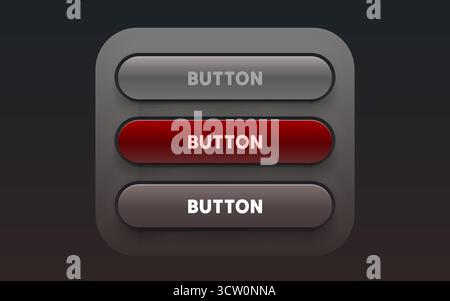 Neumorphic UI Buttons Set with Active Red Button, demonstrating modern user interface design. Vector illustration Stock Vector