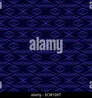 Dark blue seamless geometric pattern. Blue purple rhombuses on dark background. Fantasy ornament of sharp shapes. Strict monochrome decor Stock Vector