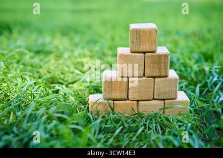 Pyramid of blank wooden cubes with copy space on fresh green grass in sunlight Stock Photo