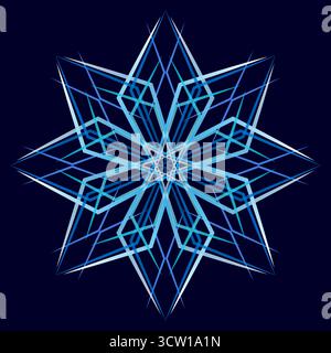 Large unusual blue snowflake on dark background. Psychedelic geometric design element with winter mood. Fantastic shining star vector illustration. Ge Stock Vector