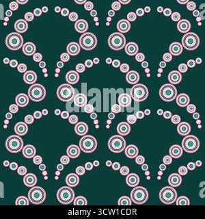 Classic geometric seamless pattern of pink circles on dark green background. Many rings composition. Tiles in the shape of an arch. For printing wallp Stock Vector