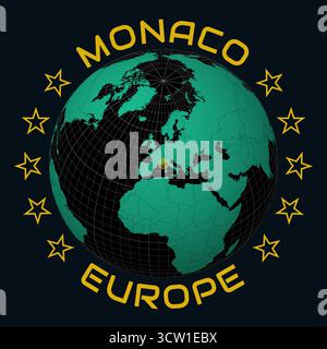 Monaco on Globe. Round country and continent name text. Country view on world map in Black Emerald color palette. Monaco shape on map. Stock Vector