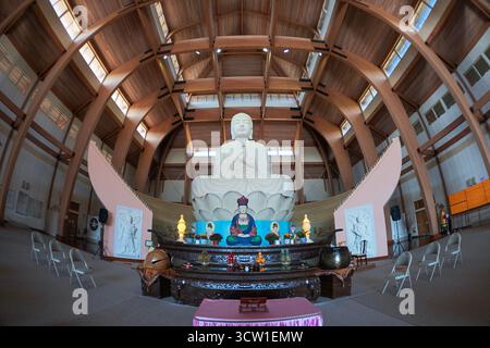 A fisheye lens view of the Great Buddha Hall at the Chuang Yen Monastery in Carmel, New York, a temple. Autumn 2025. Stock Photo