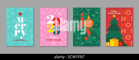 Set of Merry Christmas modern posters and Happy New Year 2026 creative cards. Holiday concepts for New Year party 2026 with snowflake and xmas decor Stock Vector