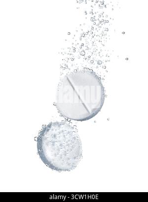 Two effervescent tablets fizz and dissolve on a white background, creating a dynamic visual effect with air bubbles. Stock Photo