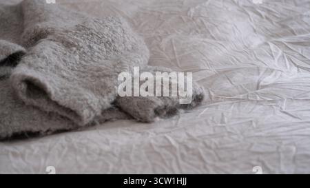 Cozy soft gray wool alpaca sweater lying on a wrinkled light fabric surface. Natural minimal lifestyle composition evoking warmth, comfort, and hygge Stock Photo