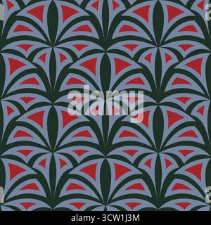 Fantasy geometric seamless pattern. Red and gray elements on dark green background. Fancy figures in medieval colors. Medieval design for decor clothe Stock Vector