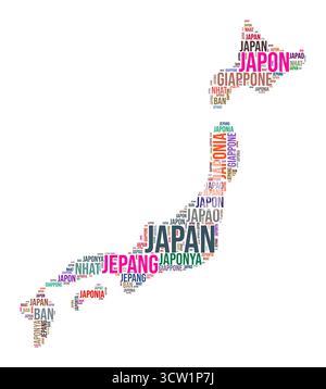Japan country shape word cloud. Typography style country illustration. Japan image in text cloud style. Vector illustration. Stock Vector