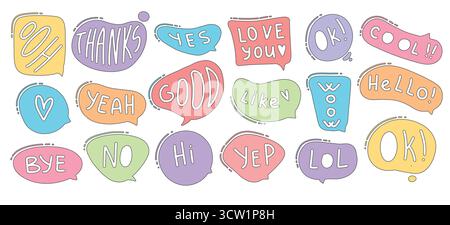 Set of colorful comic book sound blast, cartoon bomb explosions, crash or bang effect. Doodle hand drawn speech bubbles with pow, splash, bam, wow, om Stock Vector
