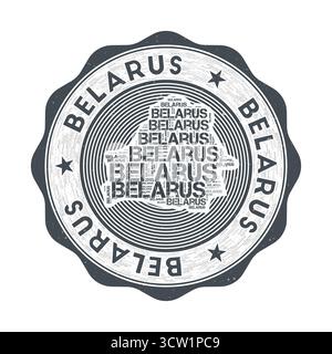 Belarus seal. Country round logo with the shape of Belarus and the country name in multiple languages word cloud. Beautiful emblem. Stock Vector