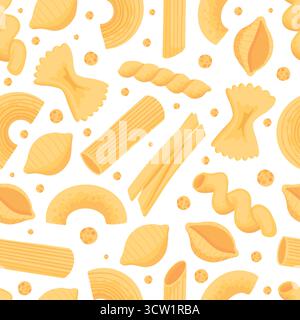 Pasta types seamless pattern. Different shapes of Italian pasta. Spaghetti, Farfalle, penne, rigatoni, ravioli, fusilli,conchiglie, elbows rotelle orz Stock Vector