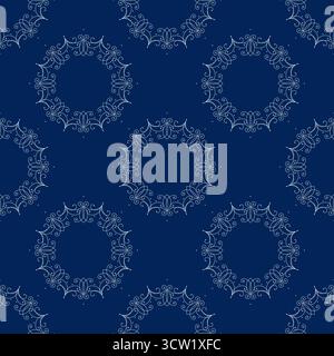 Delicate white seamless pattern on dark blue background. Winter background of fine snowflakes. Ornate elegance ornament.. Frost pattern on the window. Stock Vector
