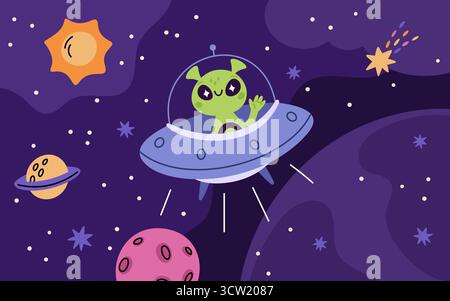 Cute green alien. Little humanoid in ufo, flying in outer space, stars, planets, and comets on background, spaceship in cosmic area, childish banner Stock Vector