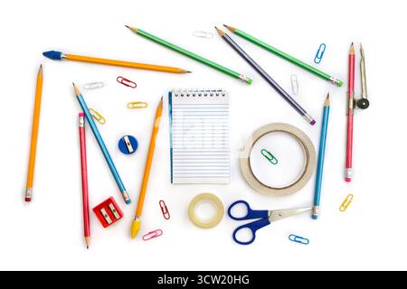 Back to School. School supplies ( notebook, pencil, scissors, sharpener, scotch tape, clips ) on a white background. Top view, flat lay Stock Photo