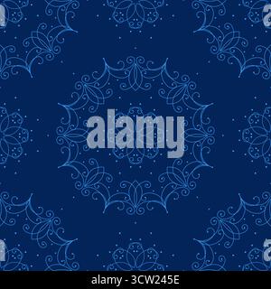 Delicate light blue seamless pattern on dark blue background. Monochrome winter background of fine snowflakes. Ornate elegance ornament. Frost pattern Stock Vector