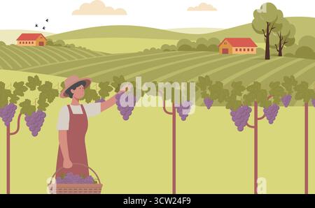 Minimalist Vector Illustration of Farmer Harvesting Grapes in Vineyard Stock Vector