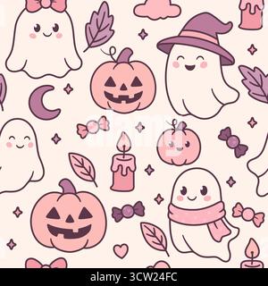 Cute seamless Halloween pattern with ghosts pumpkins candies and autumn elements Stock Vector