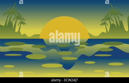 A beautiful nature illustration of water hyacinth floating peacefully on a calm, sun-drenched lake or river, perfect for backgrounds, travel, and envi Stock Vector