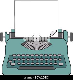 A classic mechanical typewriter in muted teal with round keys and a sheet of paper loaded in the carriage Stock Vector