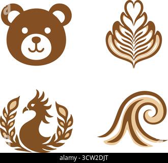 A collection of warm brown emblems for bread decoration featuring a bear face, leafy plume, rooster and elegant swirl Stock Vector