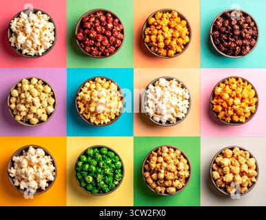 Popcorn bowls displaying many colors and unique tastes from a top down view Stock Photo