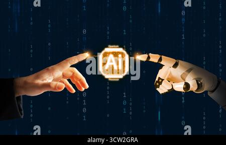 Human and robot fingers connecting with bright AI quantum processor chip, representing powerful artificial intelligence, digital transformation, and f Stock Photo