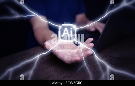 Human hand interacting with powerful glowing AI quantum processor chip. Futuristic technology, artificial intelligence, high-speed data energy driving Stock Photo