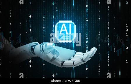 Robotic arm with shining AI quantum processor. Futuristic technology, quantum processing unit power, artificial intelligence, high-speed data transfor Stock Photo