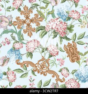Victorian floral hydrangea baroque ornament luxury pattern vector seamless background. Stock Vector