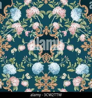 Victorian floral hydrangea baroque ornament luxury pattern vector seamless background. Stock Vector
