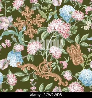 Victorian floral hydrangea baroque ornament luxury pattern vector seamless background. Stock Vector